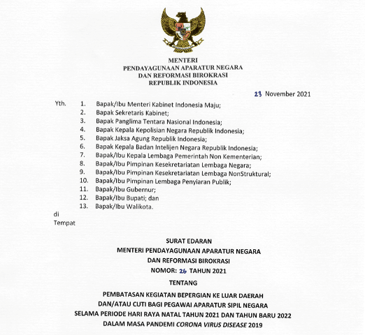 Kemendagri Terbitkan Aturan ASN Dilarang Cuti dan Bepergian ke Luar Daerah selama Nataru