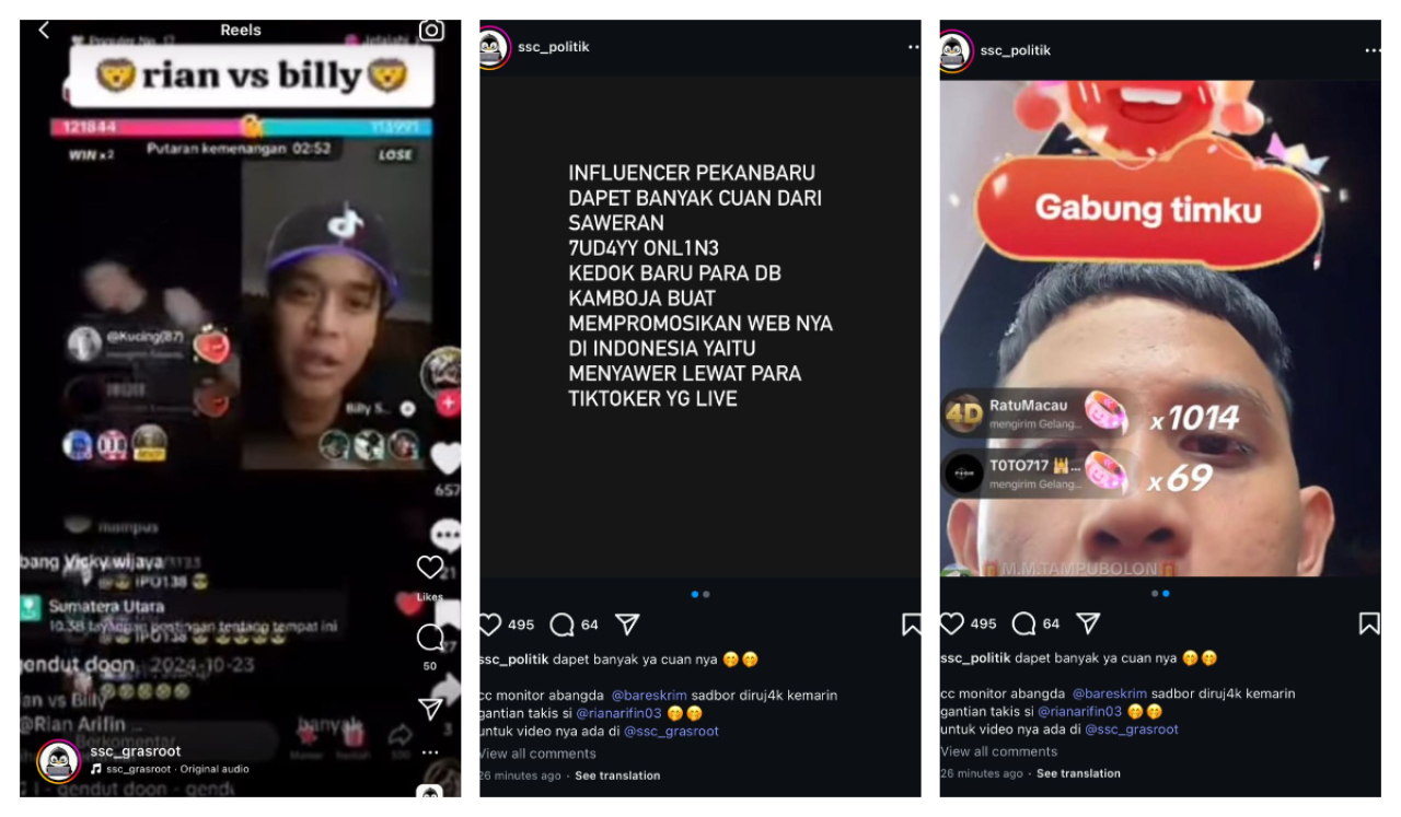 Akun SSC Politik Bongkar Dugaan Selebgram Pekanbaru Promosikan Judi Online Lewat Tik Tok Live