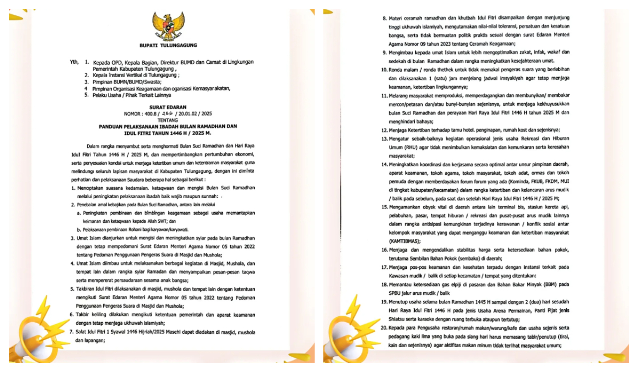 Surat Edaran Bupati Tulungagung soal Penutupan Tempat Hiburan Picu Keresahan