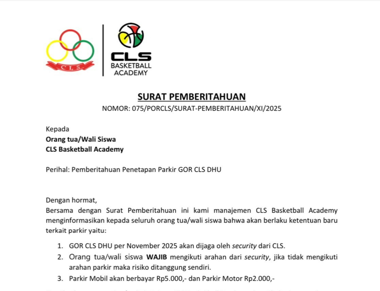 Polemik parkir GOR CLS