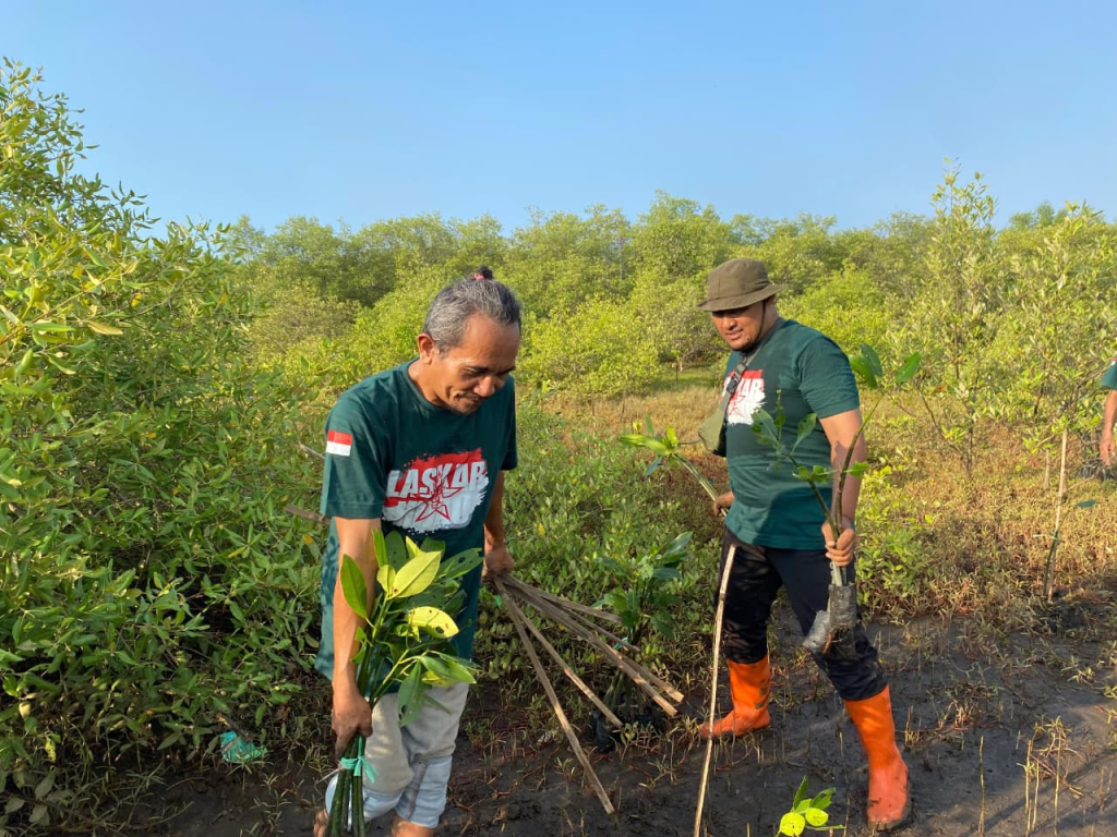 Penanaman bibit mangrove oleh Komunitas Laskar Hijau di Probolinggo Minggu, (14/06/2026).