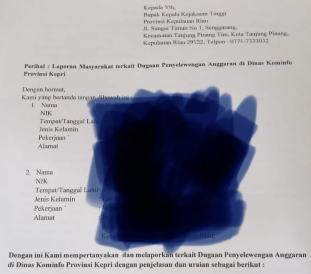 Dugaan Penyimpangan Anggaran Di Diskominfo Kepri Dilaporkan Ke Kejati Kepri