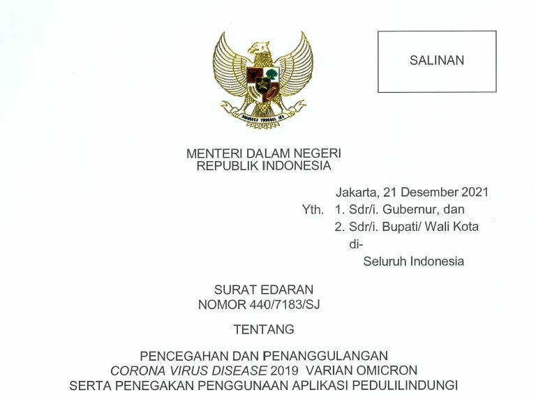 Mendagri Terbitkan Edaran Pencegahan dan Penanggulangan Varian Omicron