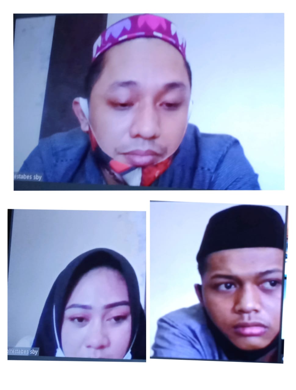Terdakwa Ficky, Zaidan dan Latifah, menjalani sidang secara daring di ruang Candra PN Surabaya.