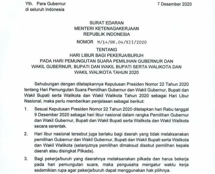 Pilkada Besok Karyawan dan Buruh Diliburkan, Menaker Surati Gubernur