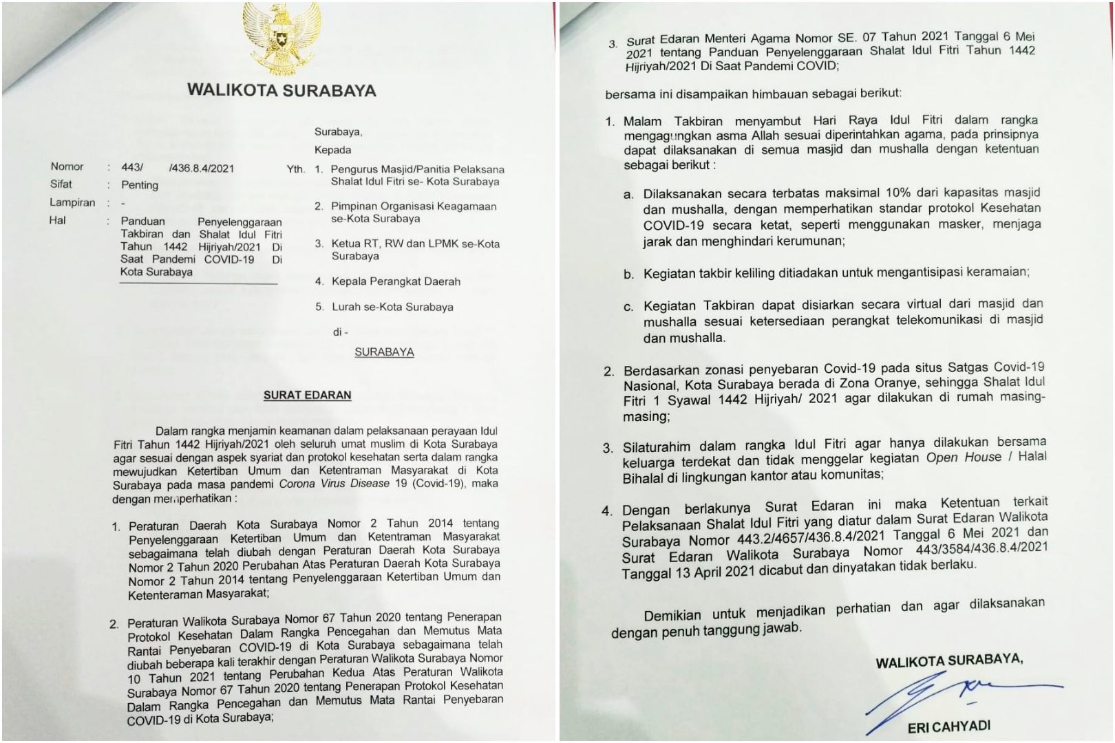 SE Panduan Penyelenggaraan Takbiran dan Shalat Idul Fitri Tahun 1442 Hijriyah Di Saat Pandemi Covid - 19 Di Kota Surabaya