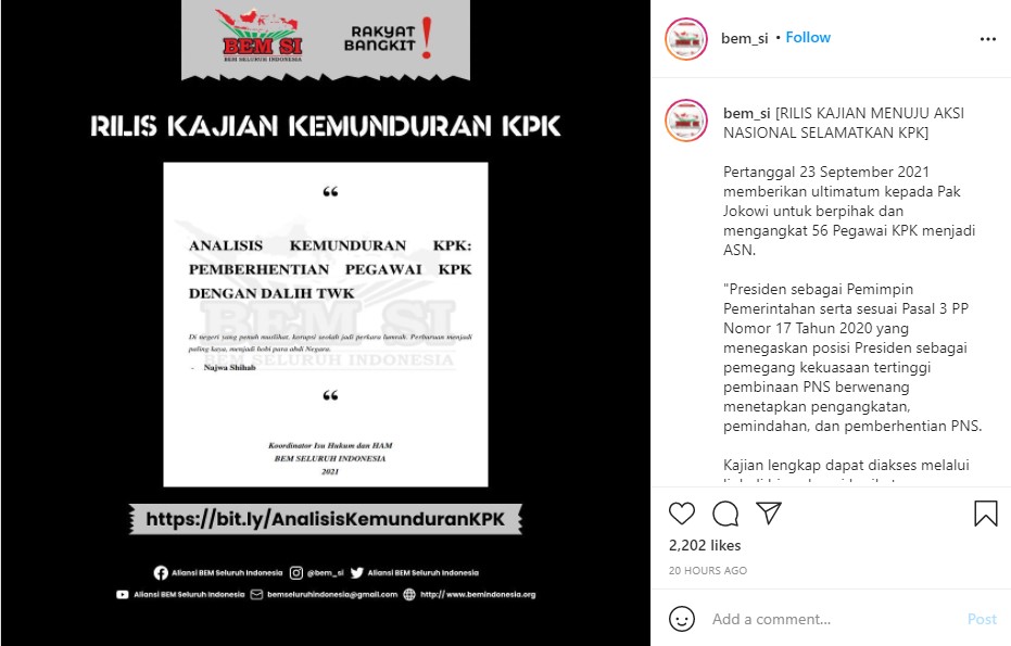 Tuntutan tak Digubris Jokowi, BEM se-Indonesia Demo Presiden di KPK Siang Ini