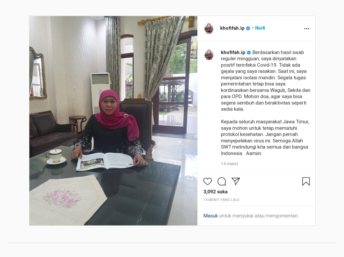 Gubernur Jatim Khofifah Umumkan Dirinya Positif Covid-19