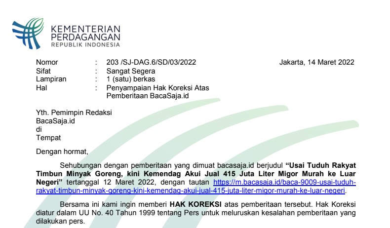 Klarifikasi Kemendag atas Pemberitaan Kasus Minyak Goreng di Bacasaja.id, 12 Maret 2022