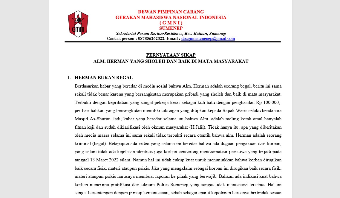 Pernyataan Sikap GMNI Sumenep atas Kasus Penembakan Polisi terhadap ODGJ yang Dikira Begal